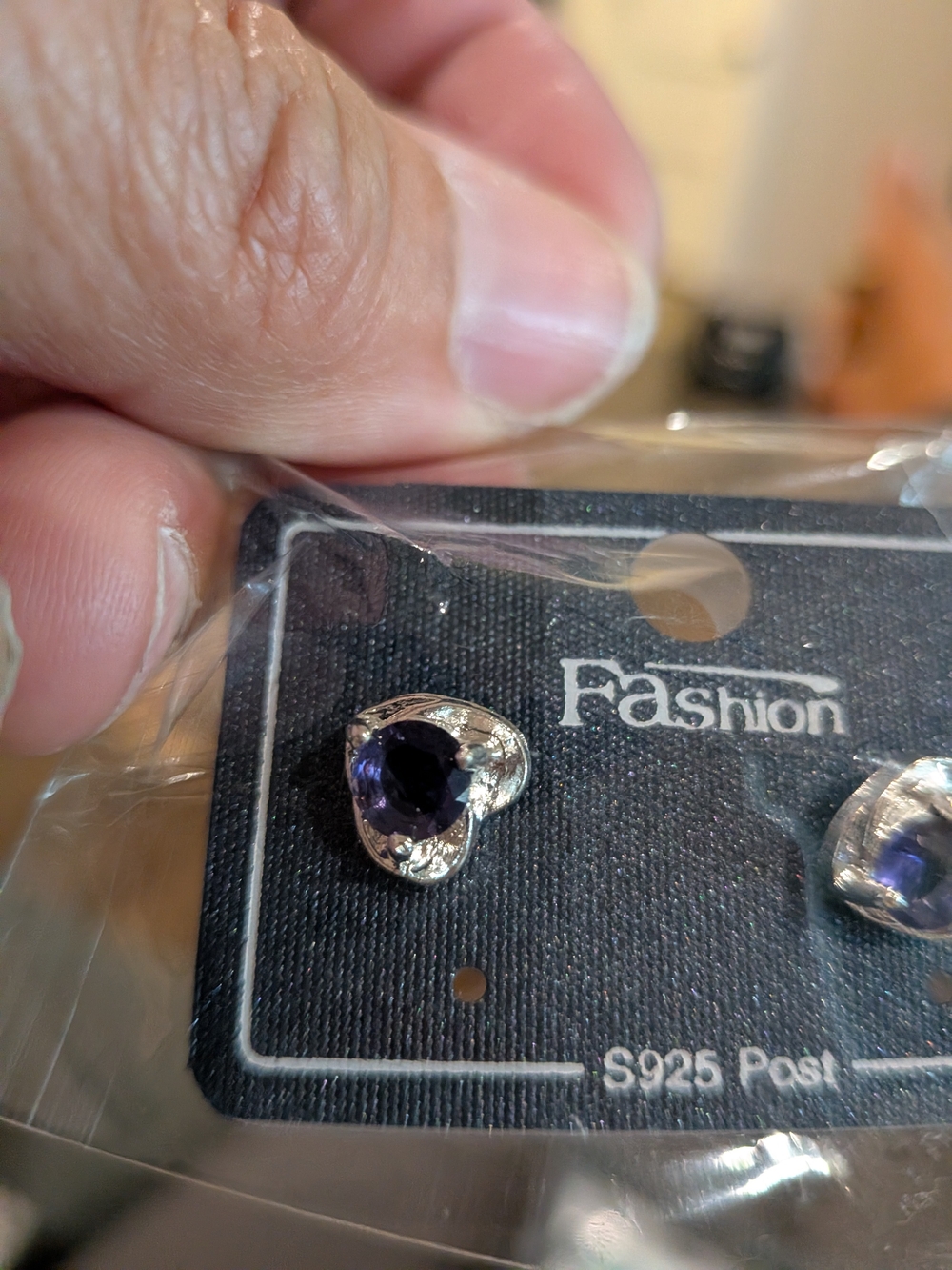 Heart-Shaped Silver Earrings with Purple Stone